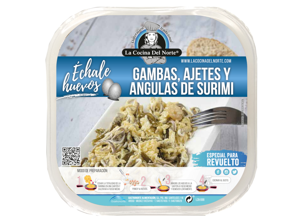 Echale huevos gambas, ajetes y angulas de surimi